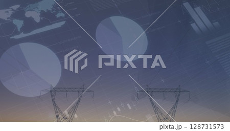 Image of financial data processing and statistics over electricity pylons Image of financial data processing and statistics over electricity pylons 128731573