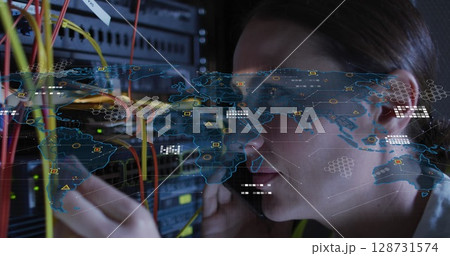Image of data processing, circuit board over caucasian female it technician by computer server Image of data processing, circuit board over caucasian female it technician by computer server 128731574