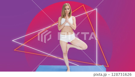Image of caucasian woman meditating over shapes Image of caucasian woman meditating over shapes 128731626