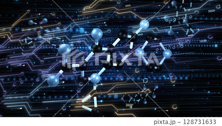 Image of data processing and molecule on black background 128731633