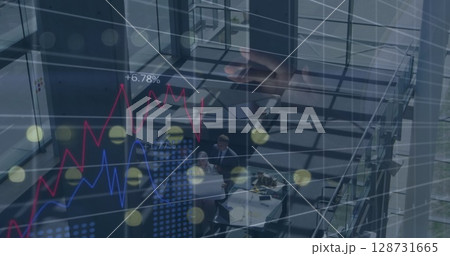 Image of financial data processing over businesswoman in office Image of financial data processing over businesswoman in office 128731665