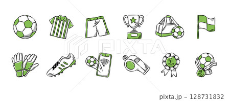 Soccer or Football hand drawn icon collection. Sports equipment concept. Set 1 of 3. Vector illustration. 128731832