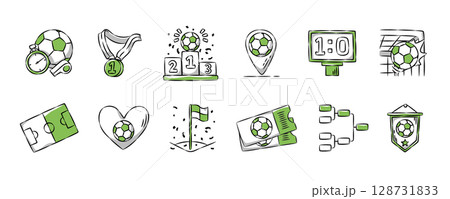 Soccer or Football hand drawn icon collection. Sports equipment concept. Set 2 of 3. Vector illustration. Soccer or Football hand drawn icon collection. Sports equipment concept. Set 2 of 3. Vector illustration. 128731833