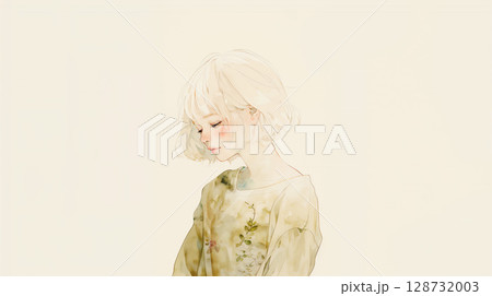 俯く女性のかわいい水彩イラスト 128732003