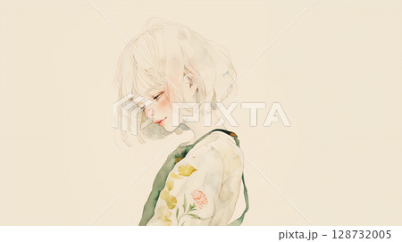 俯く女性のかわいい水彩イラスト 128732005