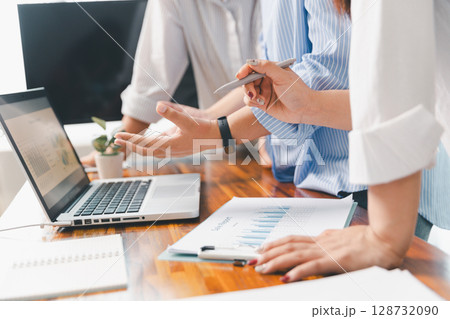 Teamwork meeting, business people in office workplace. Collaboration, technology and worker, employees with touchscreen planning sales, research or financial strategy, staff for conversation, graph 128732090