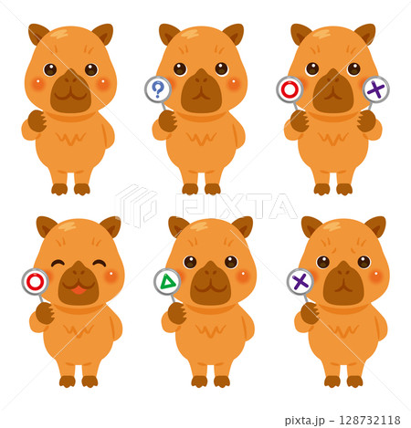 ○×△の札を持ったカピバラのキャラクターイラストセット 128732118