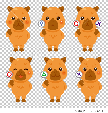 ○×△の札を持ったカピバラのキャラクターイラストセット 128732118