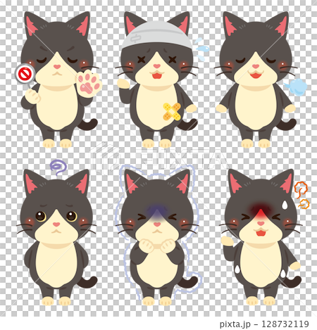 様々な状態の猫のキャラクターイラストセット	 128732119