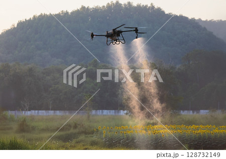 Agricultural Drone Spraying pesticides to increase productivity and destroys harmful insects. Agricultural Drone Spraying pesticides to increase productivity and destroys harmful insects. 128732149