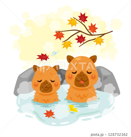 温泉に浸かったカピバラのイラスト　秋の紅葉風呂 128732162