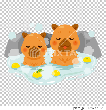 水豚泡溫泉的插畫-柚子浴 水豚泡溫泉的插畫-柚子浴 128732163