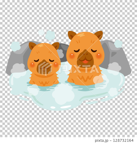 温泉に浸かったカピバラのイラスト 128732164