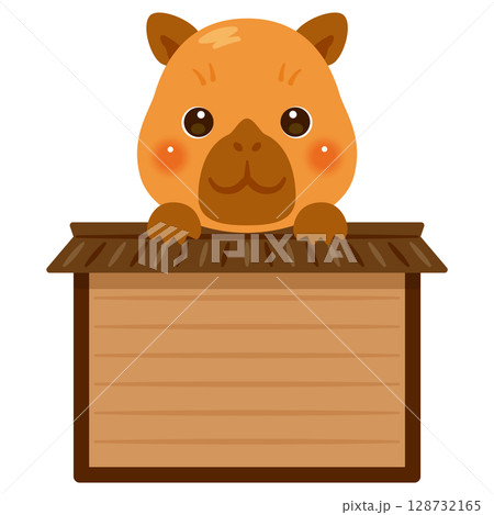 木製看板に乗ったカピバラのキャラクターイラスト 128732165