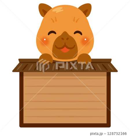 木製看板に乗った笑顔のカピバラのキャラクターイラスト 128732166