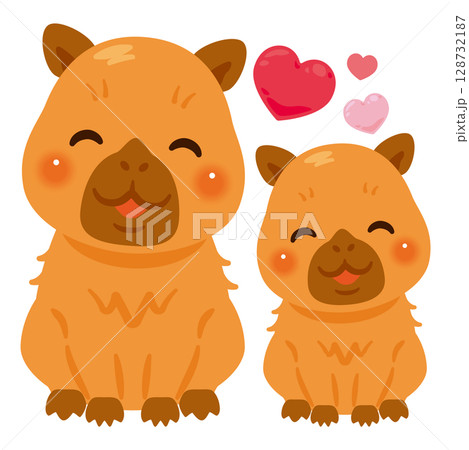 お座りした笑顔のカピバラの親子イラスト 128732187