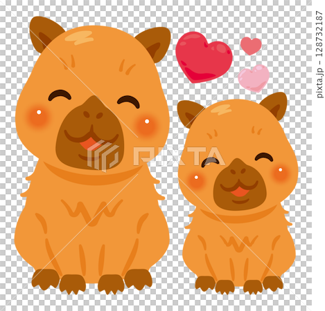 お座りした笑顔のカピバラの親子イラスト 128732187