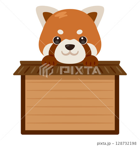 木製看板に乗ったレッサーパンダのキャラクターイラスト 128732198
