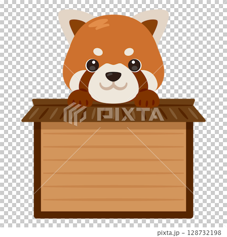 木製看板に乗ったレッサーパンダのキャラクターイラスト 128732198