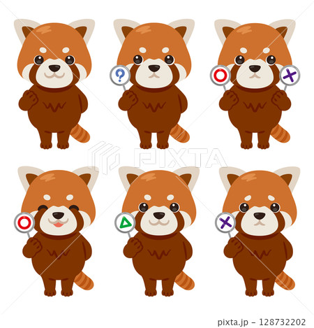 ○×△の札を持ったレッサーパンダのキャラクターイラストセット 128732202