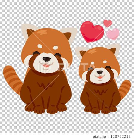 圖:一對微笑著的紅熊貓父母和孩子坐在一起 圖:一對微笑著的紅熊貓父母和孩子坐在一起 128732212