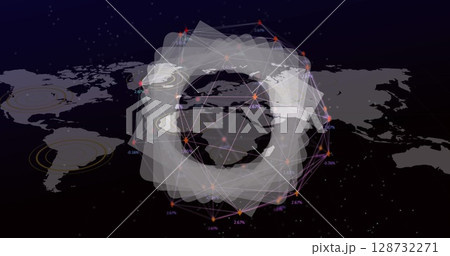 Displaying network overlay on world map data interface, showing glowing nodes and percentage labels 128732271
