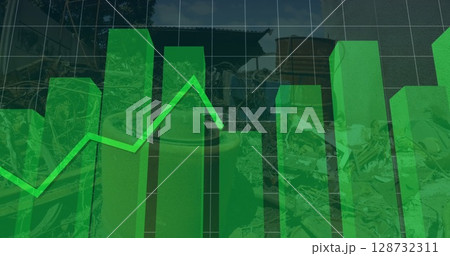 Displaying 3D green bar chart columns with rising green line graph over waste in landfill yard 128732311