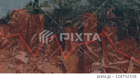 Presenting red bar and line graph grid overlay in scrapyard, with metal mesh, scrap metal pieces 128732316