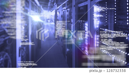 Image of digital data processing over server room 128732338