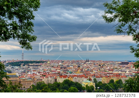 Picturesque Prague, Czechia Cityscape under Dramatic Sky A Breathtaking View of Urban Landscape 128732378