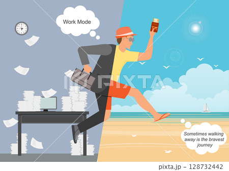 Happy office worker taking time off and jumping from work to holiday beach relax mode. 128732442
