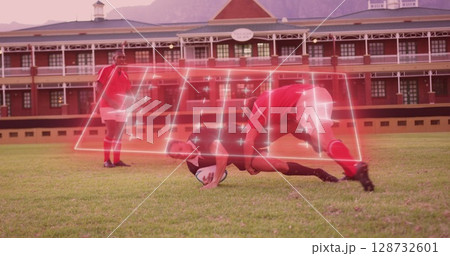 Image of neon stadium over diverse rugby players at stadium playing Image of neon stadium over diverse rugby players at stadium playing 128732601