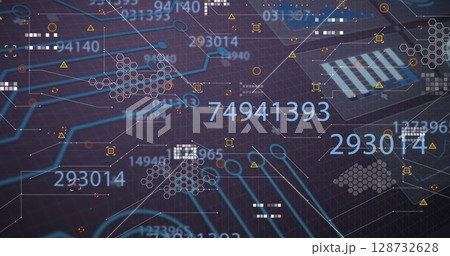 Displaying glowing cyan circuits over dark grid, with digits, hexagons and warning triangles 128732628
