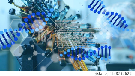 Multiple dna structures spinning against multiple test tubes in centrifuge spinning at laboratory 128732629