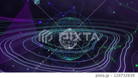 Displaying central 3D data sphere rotating in network map, with glowing rings and neon connectors 128732639