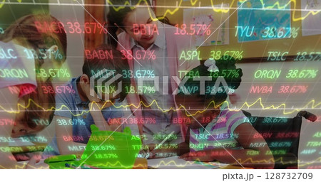 Helping teacher guiding children cutting shapes with scissors at art table, with neon stock symbols 128732709