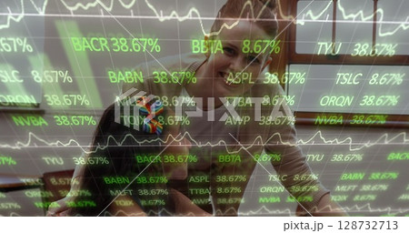 Image of financial data processing over diverse schoolchildren with teacher 128732713