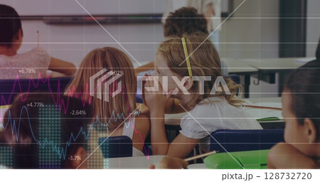 Image of financial data processing over diverse group of pupils Image of financial data processing over diverse group of pupils 128732720