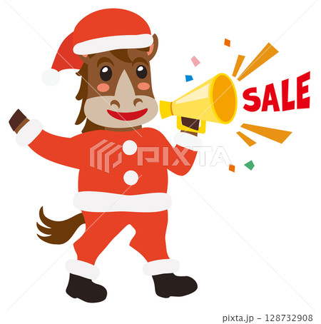クリスマスセールでメガホンを持ったかわいい馬のイラスト 128732908