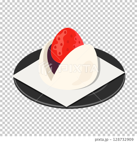 Strawberry Daifuku served on a black round plate and white paper (flat isometric illustration) Strawberry Daifuku served on a black round plate and white paper (flat isometric illustration) 128732909