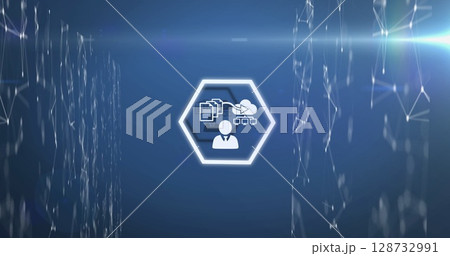 Displaying glowing hexagon frame enclosing user icon, data icons in digital tunnel, with lens flare Displaying glowing hexagon frame enclosing user icon, data icons in digital tunnel, with lens flare 128732991