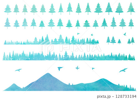針葉樹と山のシルエットのイラストセット　アイコン　背景イラスト 128733194