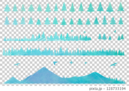 針葉樹と山のシルエットのイラストセット　アイコン　背景イラスト 128733194
