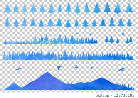 Coniferous trees and mountain silhouette illustration set icon background illustration 128733195