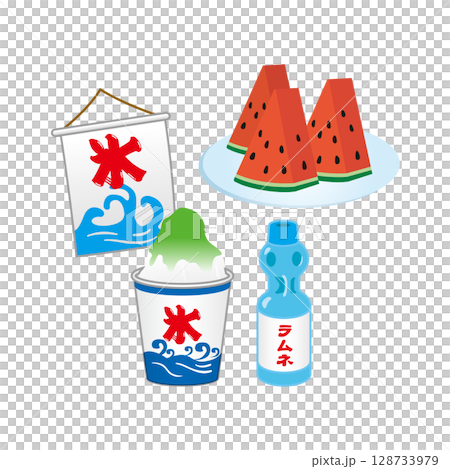 刨冰、波子汽水和西瓜插畫 刨冰、波子汽水和西瓜插畫 128733979