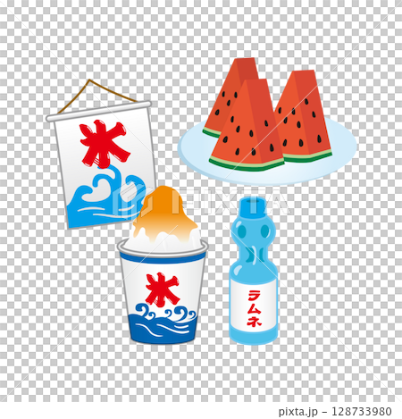 かき氷とラムネとスイカ　イラスト 128733980