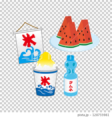 刨冰、波子汽水和西瓜插畫 刨冰、波子汽水和西瓜插畫 128733981