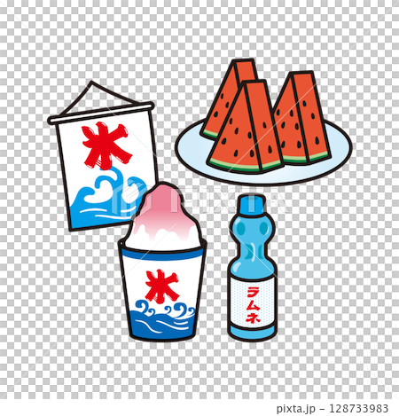 刨冰、波子汽水和西瓜插畫 刨冰、波子汽水和西瓜插畫 128733983