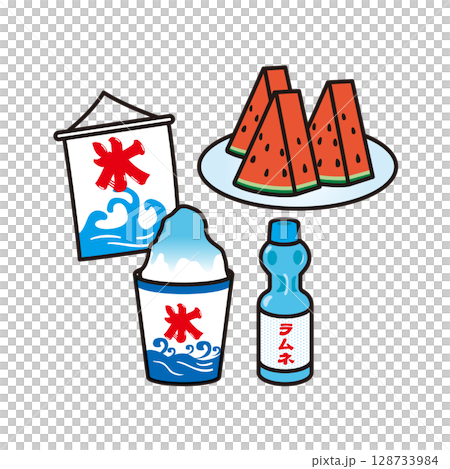 刨冰、波子汽水和西瓜插畫 刨冰、波子汽水和西瓜插畫 128733984
