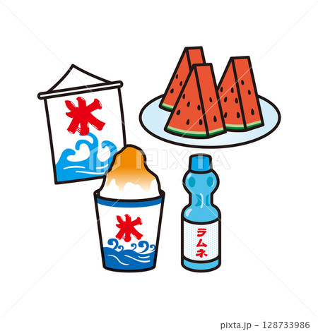 かき氷とラムネとスイカ　イラスト 128733986